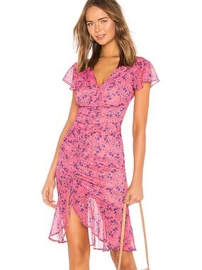 Majorelle Elaine Pink Floral Ruched V-Neck Dress
